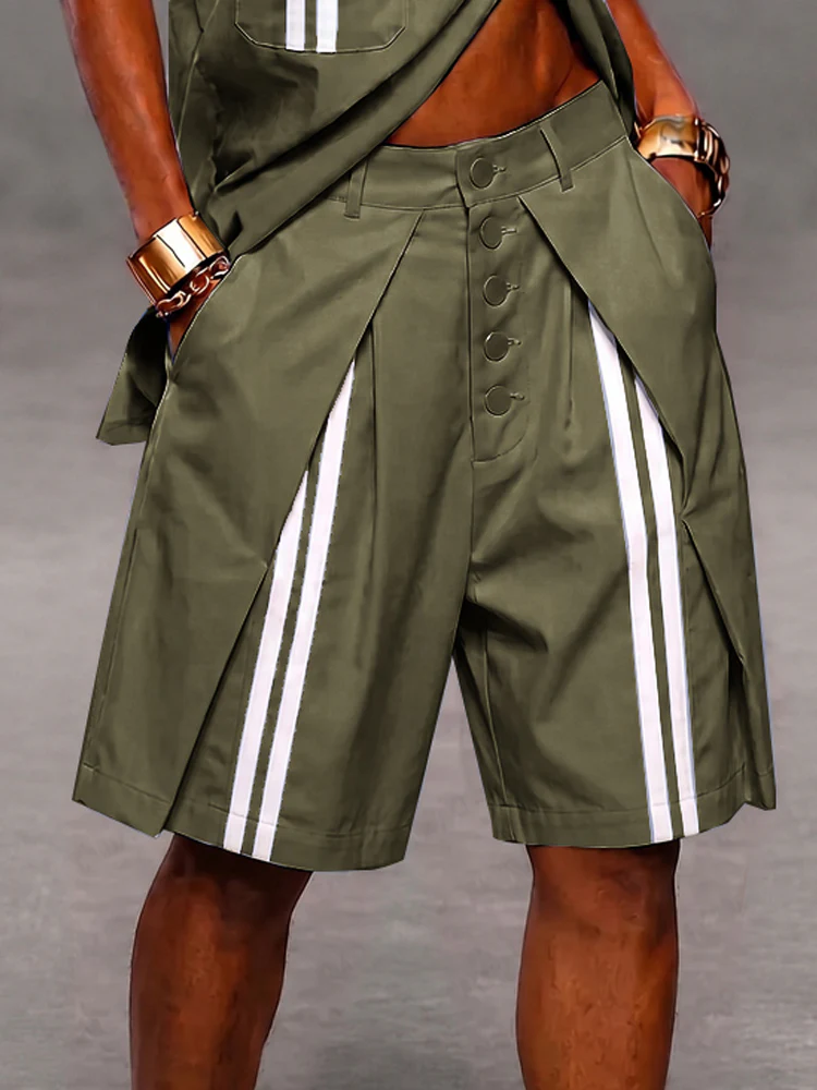 Casual Patchwork Detail Button Front Stripe Shorts - Image 3