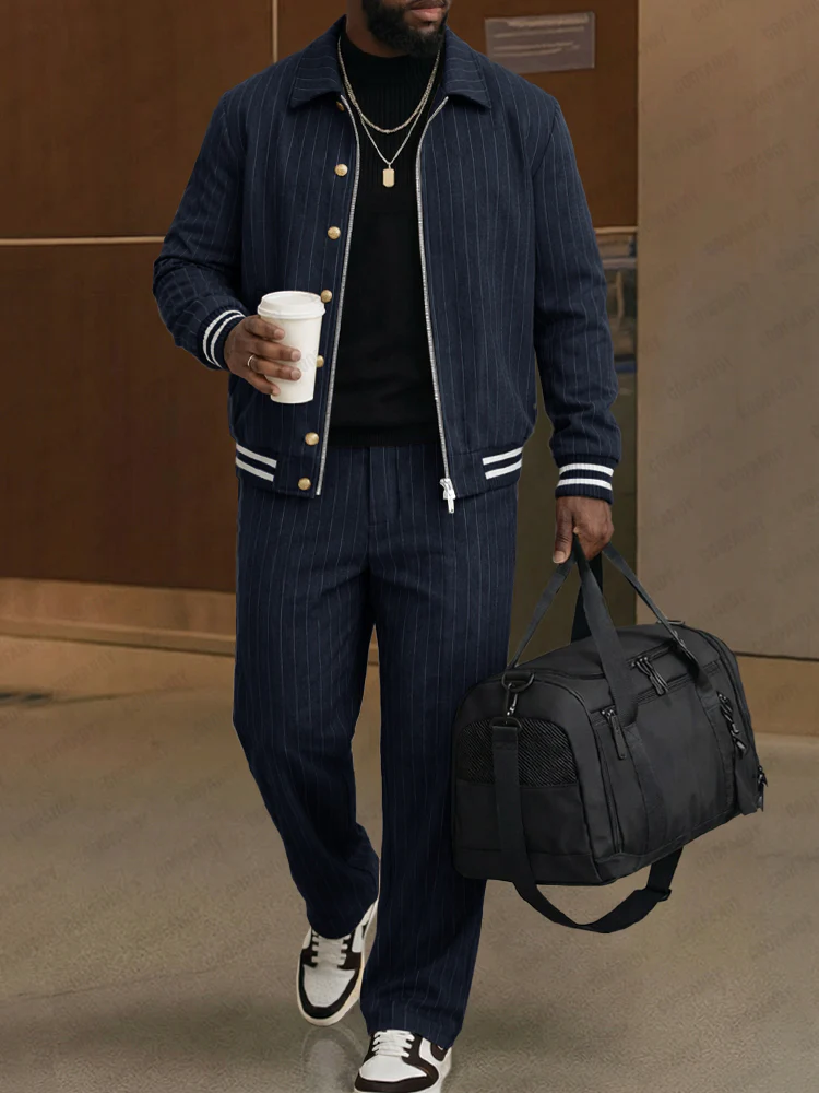 Casual Pinstripe Bomber Jacket and Pants Set - Image 2