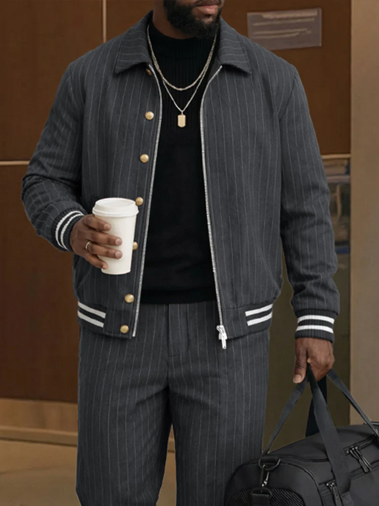 Casual Pinstripe Bomber Jacket and Pants Set - Image 3