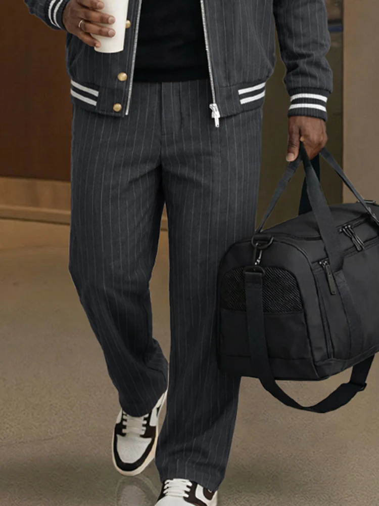 Casual Pinstripe Bomber Jacket and Pants Set - Image 4