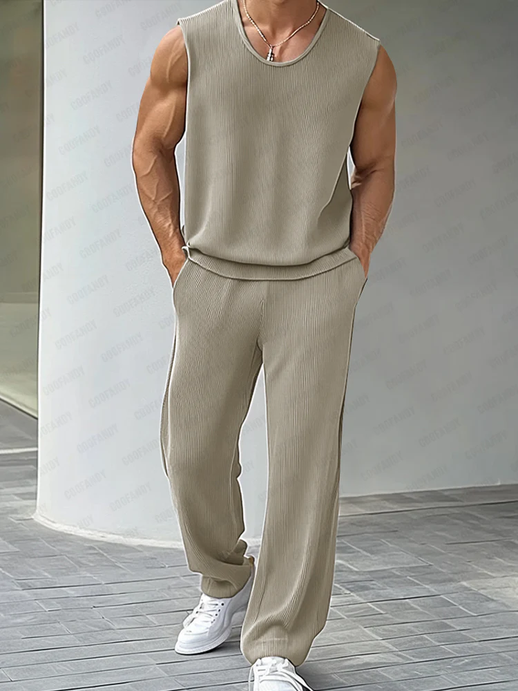 Casual Pit-stripe Tank Top Pants Set - Image 2