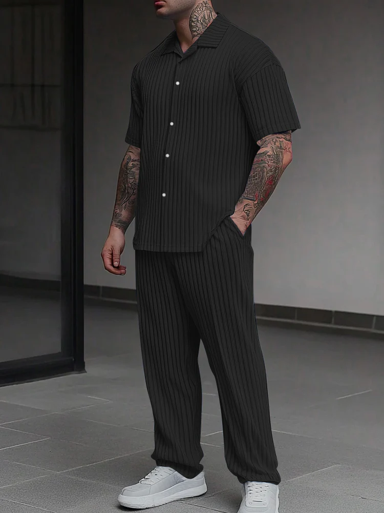 Casual Pit-stripe Textured Shirt Set - Image 2