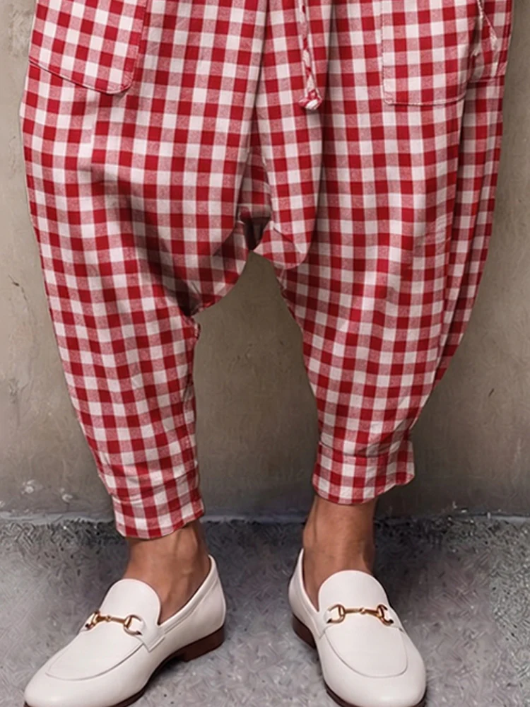 Casual Plaid Drop Crotch Harem Pants - Image 4