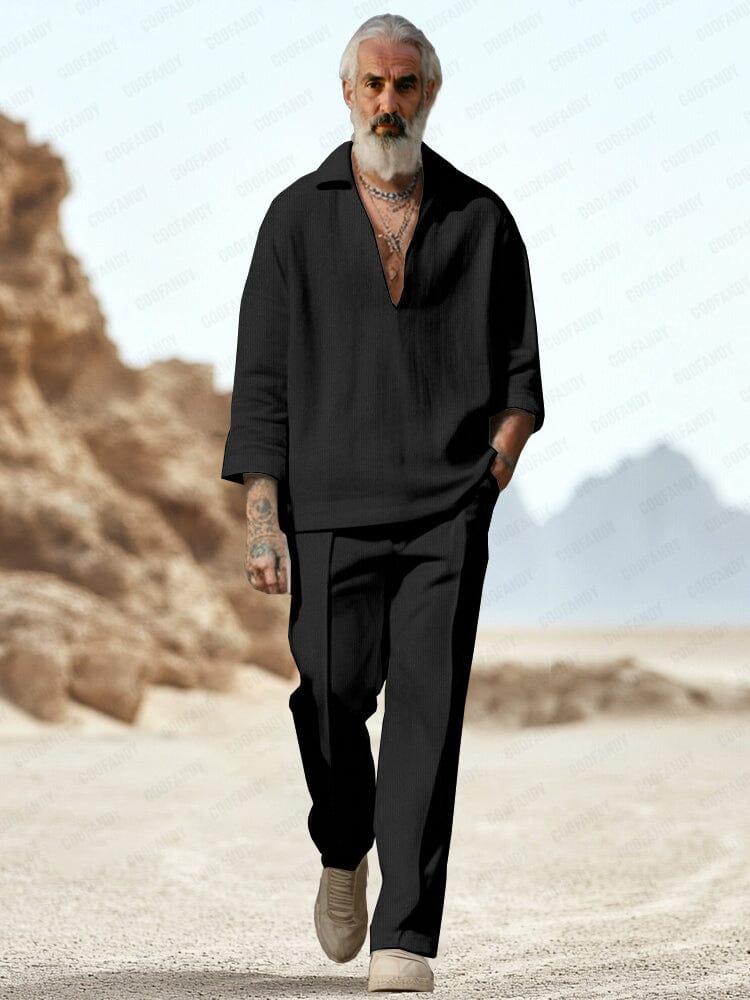 Casual Plain V-Neck Shirt Set - Image 2
