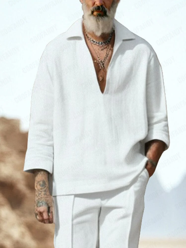 Casual Plain V-Neck Shirt Set - Image 3