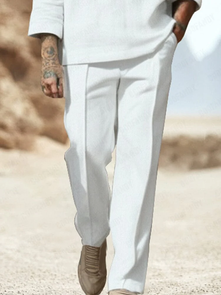Casual Plain V-Neck Shirt Set - Image 4