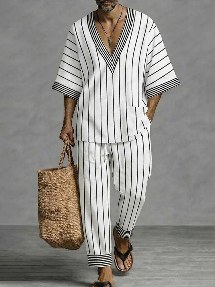 Casual Relaxed Fit Stripe Matching Set - Image 2