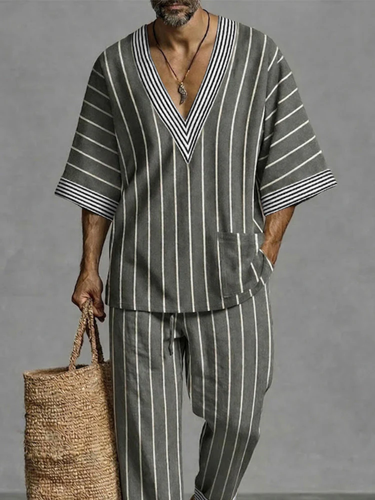 Casual Relaxed Fit Stripe Matching Set - Image 3