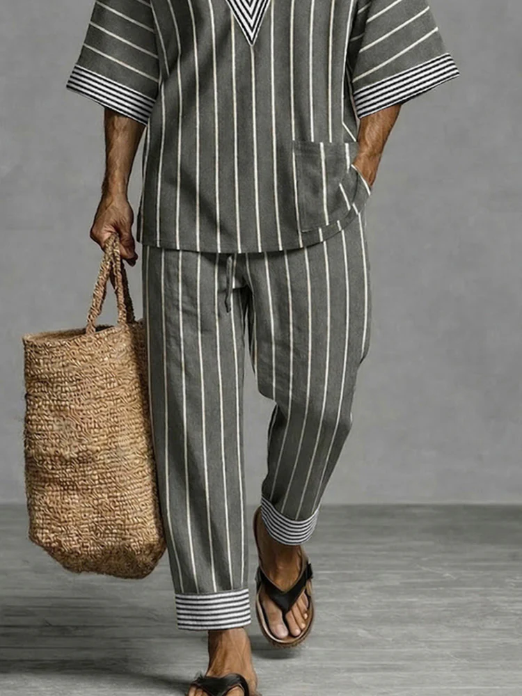 Casual Relaxed Fit Stripe Matching Set - Image 4