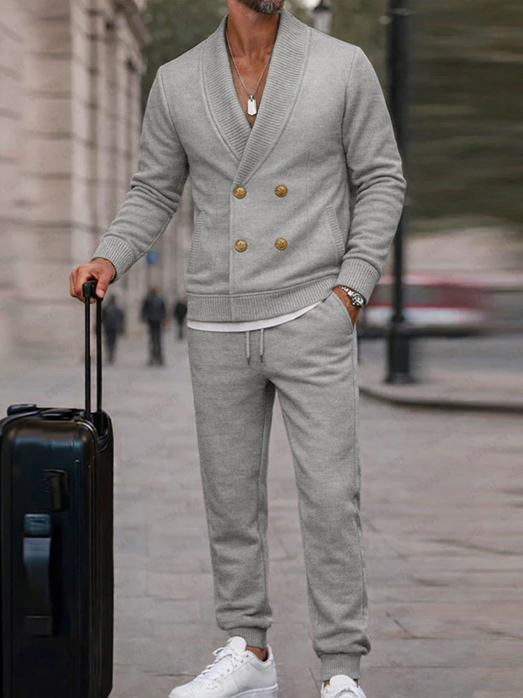Casual Ribbed Double Breasted Jacket Pants Set - Image 2