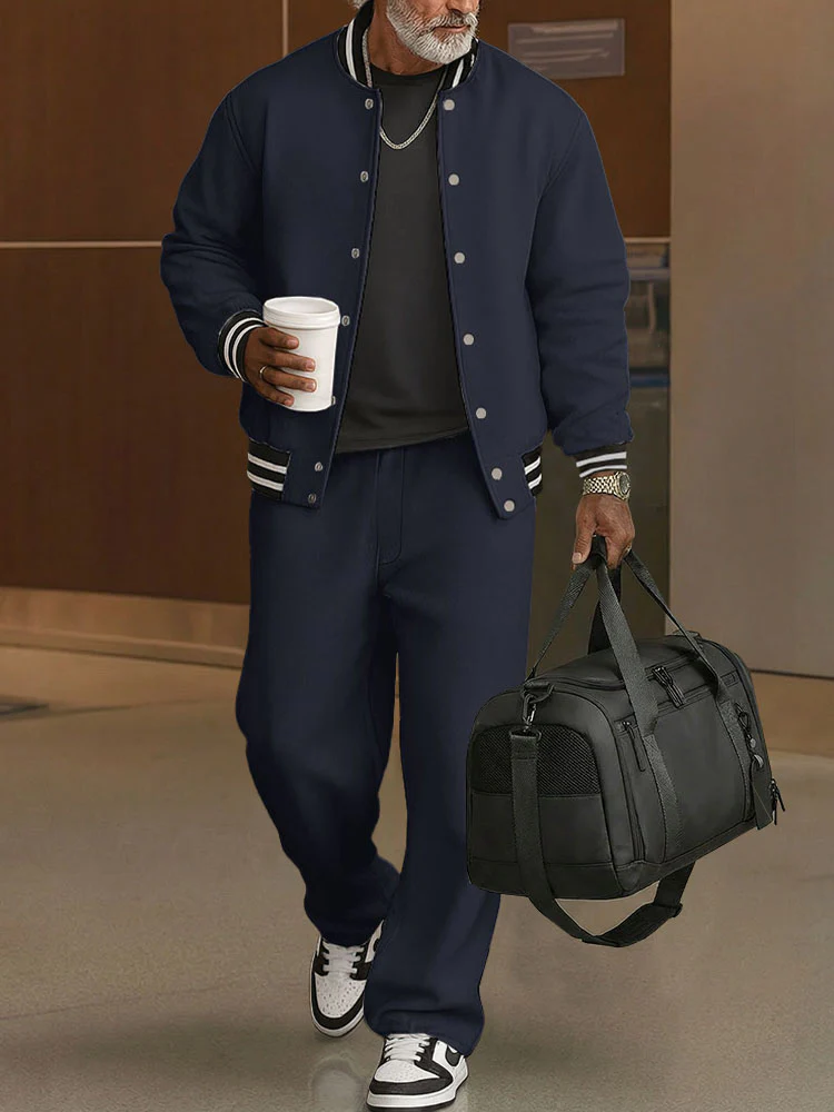 Casual Ribbed Trim Jacket Pants Set