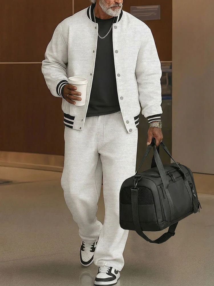 Casual Ribbed Trim Jacket Pants Set - Image 2