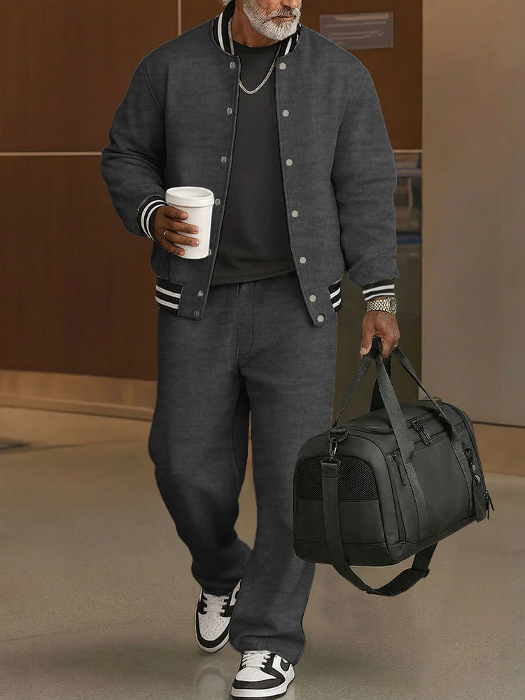 Casual Ribbed Trim Jacket Pants Set - Image 3