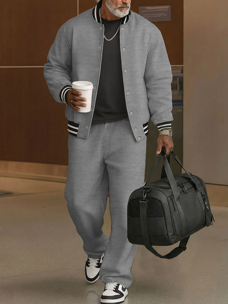 Casual Ribbed Trim Jacket Pants Set - Image 4