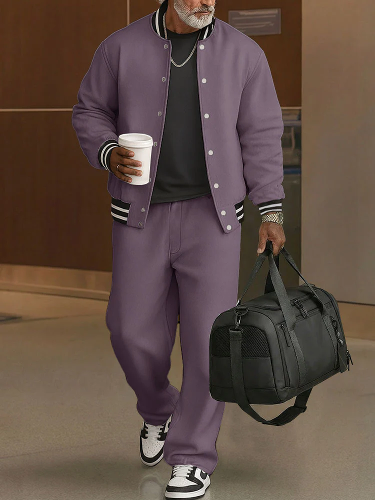 Casual Ribbed Trim Jacket Pants Set - Image 5