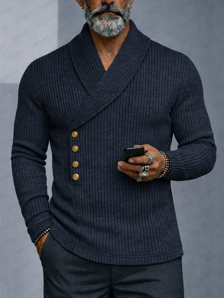 Casual Shawl Collar Slim Fit Knit Top - Image 2