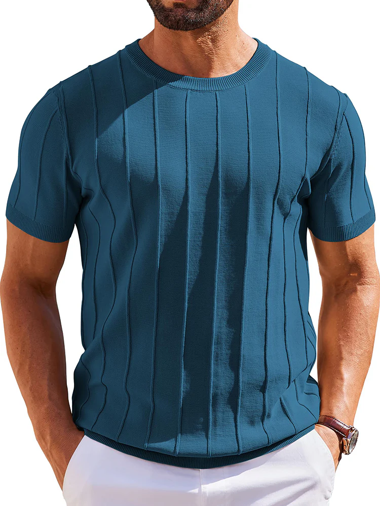 Casual Short Sleeve Ribbed Knit Pullover Tee (US Only) - Image 17