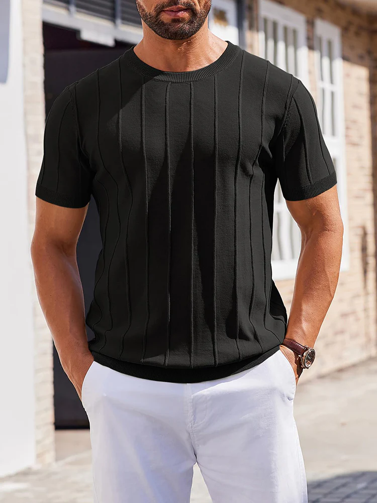 Casual Short Sleeve Ribbed Knit Pullover Tee (US Only) - Image 19