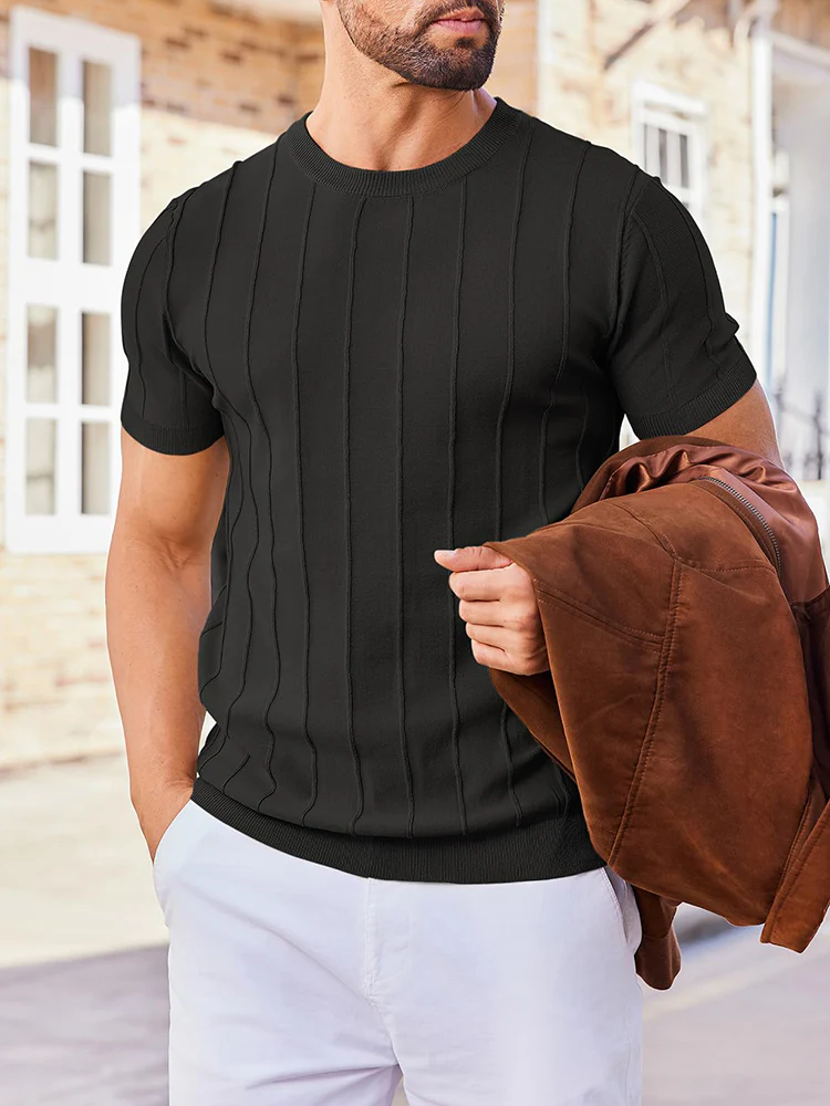Casual Short Sleeve Ribbed Knit Pullover Tee (US Only) - Image 20