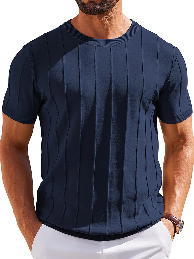 Casual Short Sleeve Ribbed Knit Pullover Tee (US Only) - Image 4