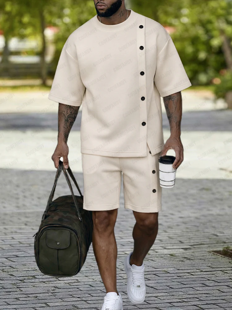 Casual Side Button Design T-Shirt Shorts Set - Image 5