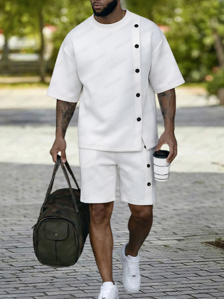 Casual Side Button Design T-Shirt Shorts Set - Image 6