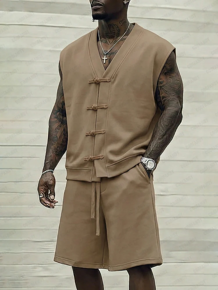 Casual Sleeveless Frog Button 2-Piece Set - Image 2