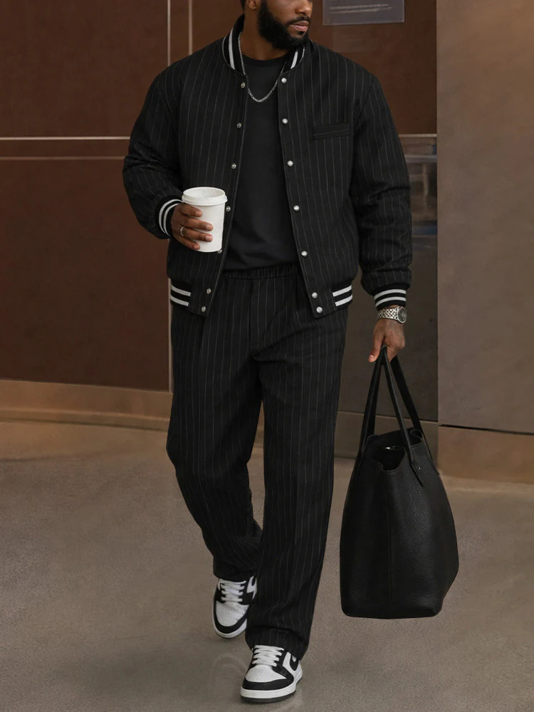 Casual Striped Bomber Jacket Pants Set - Image 2