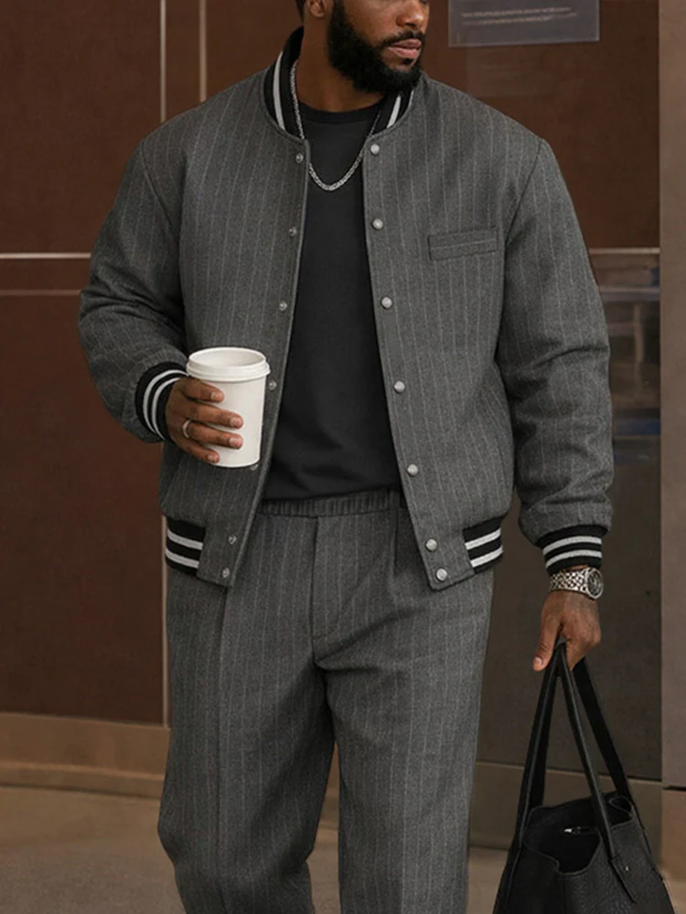 Casual Striped Bomber Jacket Pants Set - Image 3