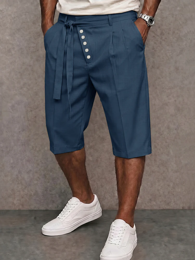 Casual Tie Waist Slant Placket Suit Shorts - Image 2