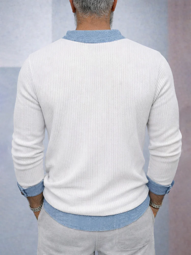Casual Versatile Denim Patchwork Knit Top - Image 3