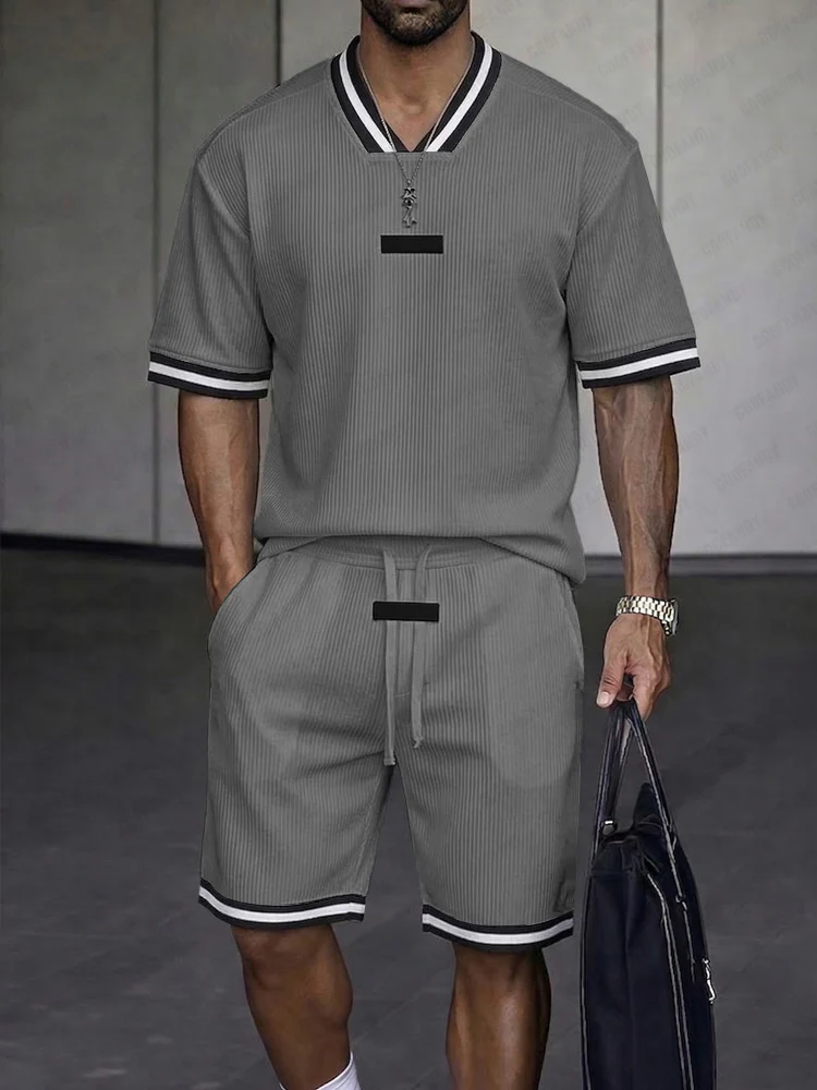 Classic Contrast Trim Textured Summer Casual Set - Image 2