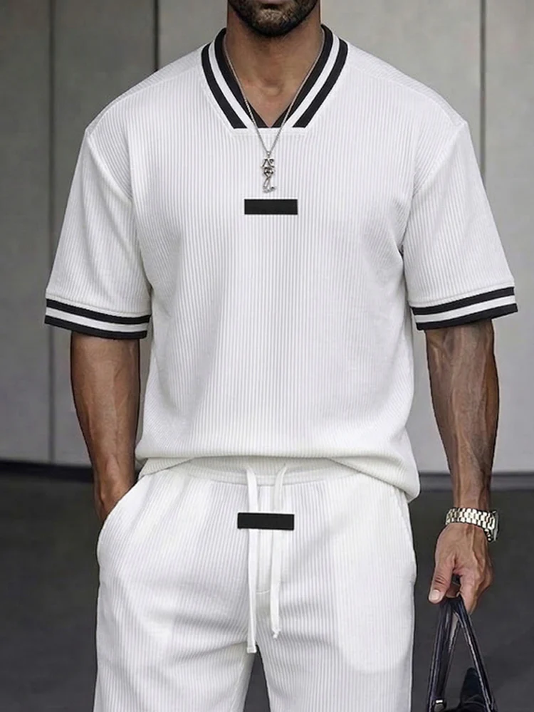 Classic Contrast Trim Textured Summer Casual Set - Image 3