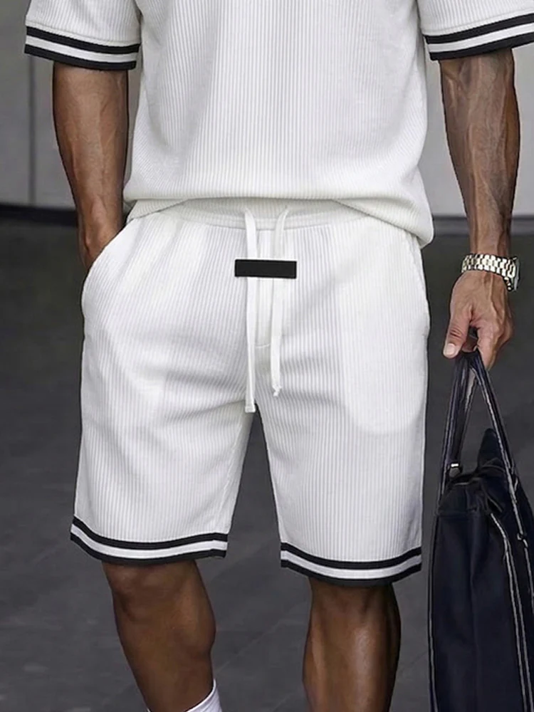 Classic Contrast Trim Textured Summer Casual Set - Image 4