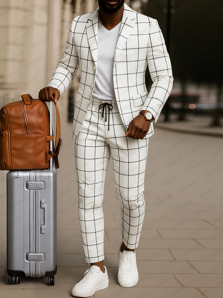 Classic Plaid Print Blazer Pants Set - Image 2