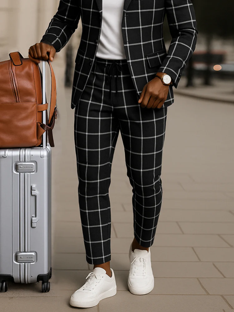 Classic Plaid Print Blazer Pants Set - Image 4