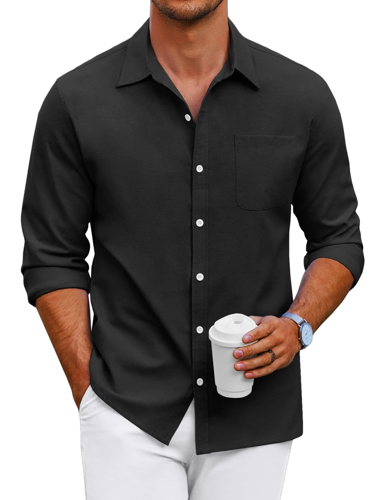 Classic Solid Long Sleeve Button Shirt with Chest Pocket (US Only) - Image 4