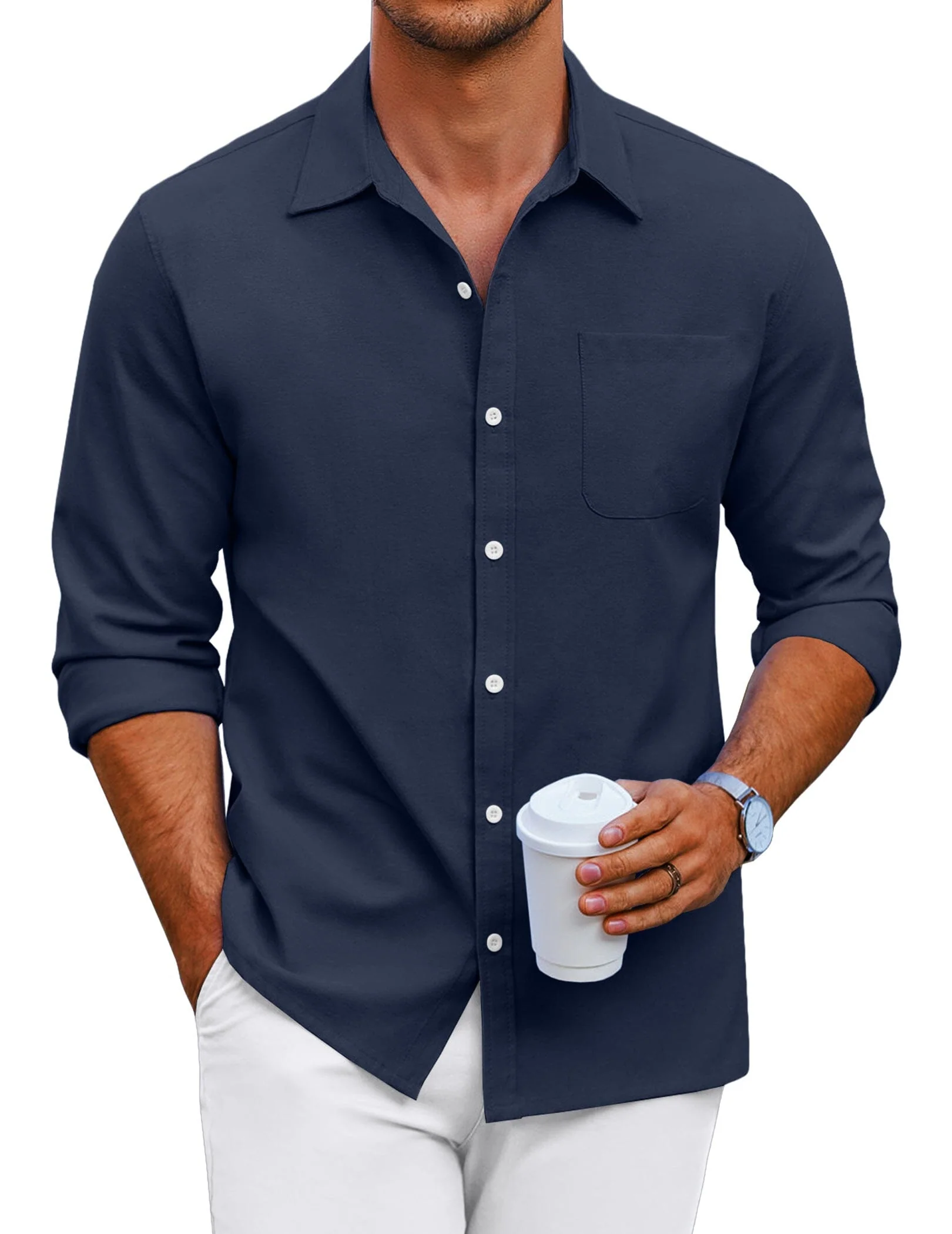 Classic Solid Long Sleeve Button Shirt with Chest Pocket (US Only) - Image 5