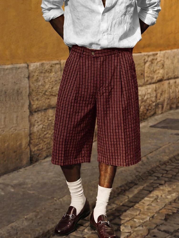 Classic Vintage Puckered Texture Plaid Shorts - Image 2
