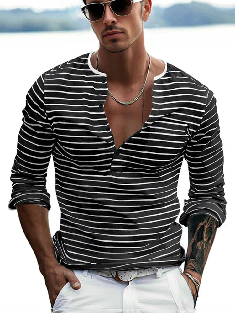 Comfy Basic Stripe Henley Shirt - Image 3
