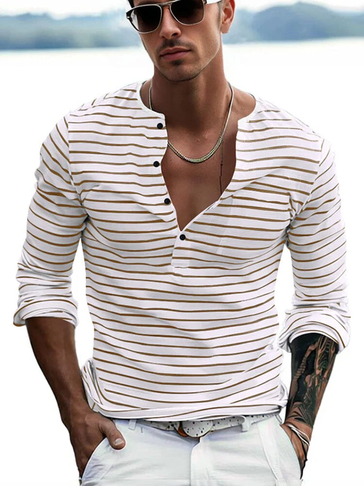 Comfy Basic Stripe Henley Shirt - Image 4