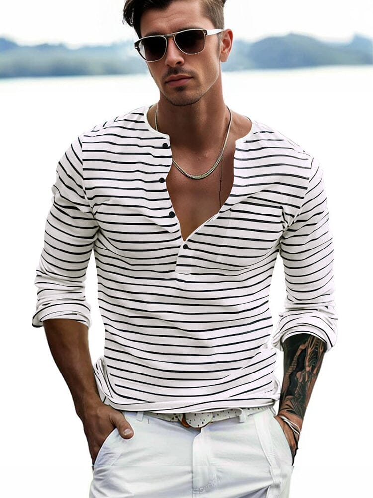 Comfy Basic Stripe Henley Shirt - Image 5