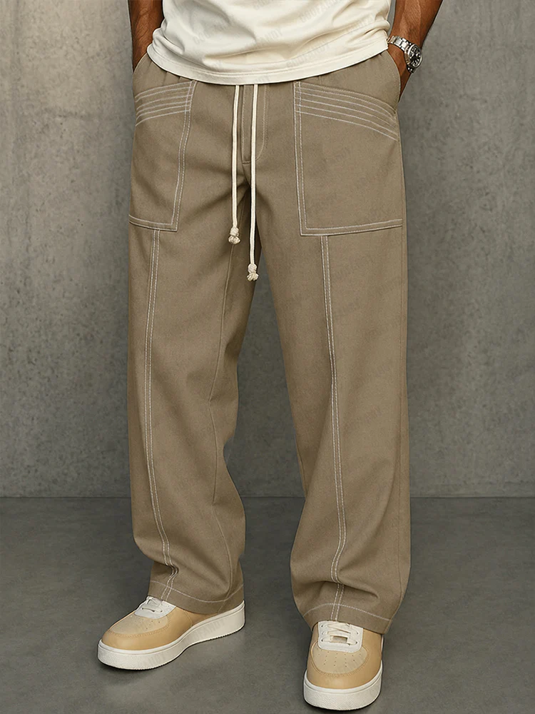 Comfy Urban Contrast Color Stitching Drawstring Pants - Image 2
