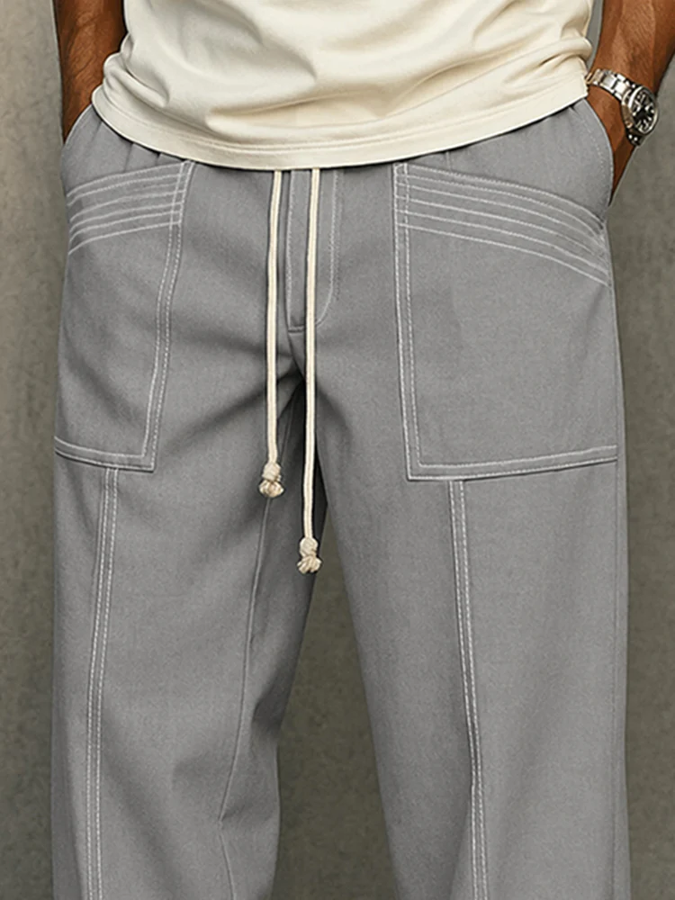 Comfy Urban Contrast Color Stitching Drawstring Pants - Image 3
