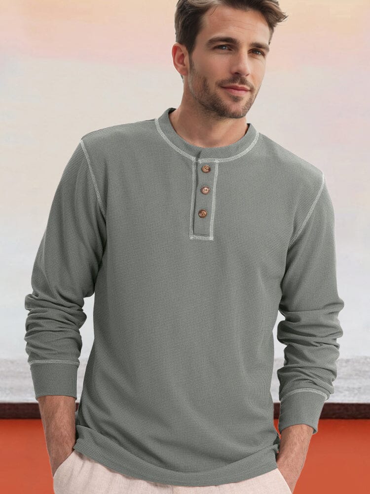 Comfy Versatile Waffle Henley Shirt - Image 3