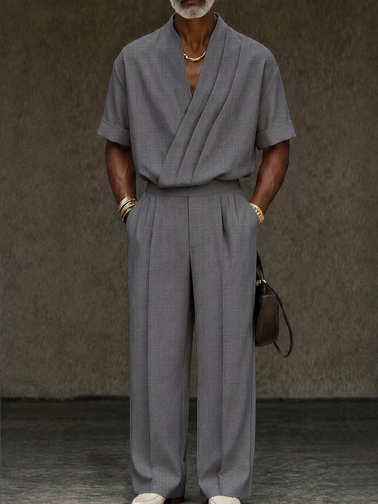 Contemporary Pleated Cross Placket Shirt Pants Set - Image 2