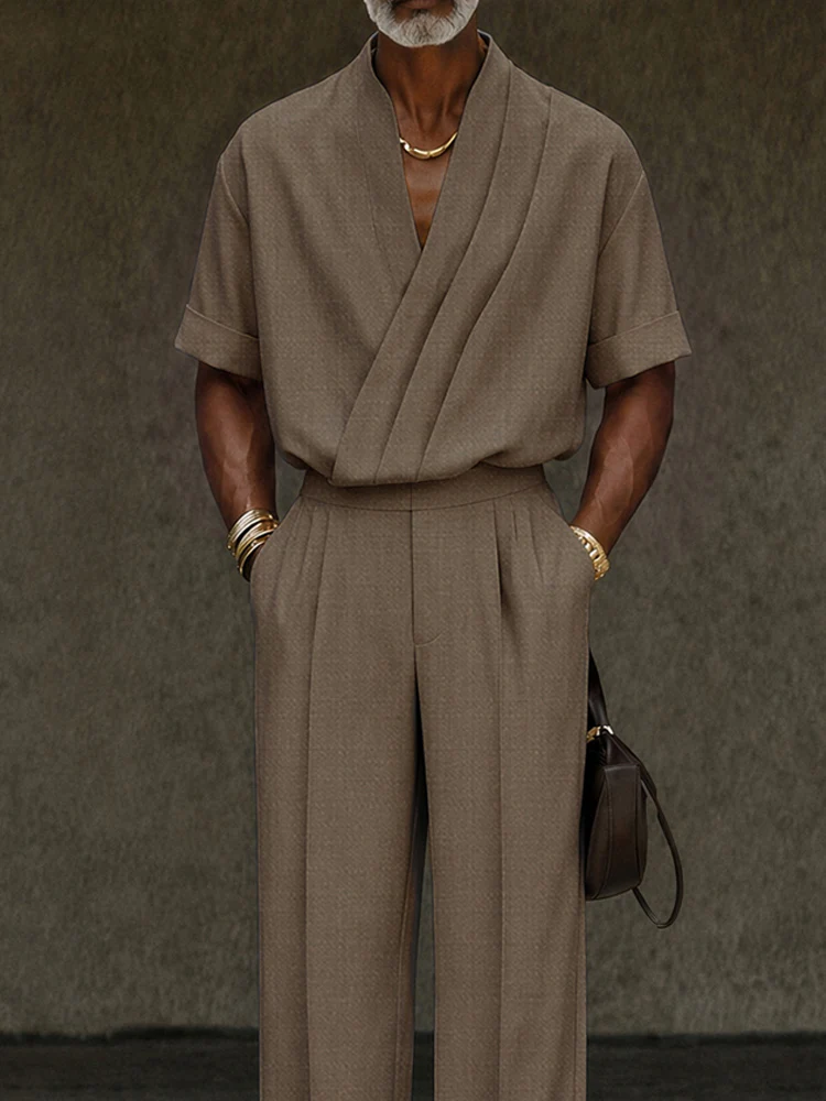 Contemporary Pleated Cross Placket Shirt Pants Set - Image 3