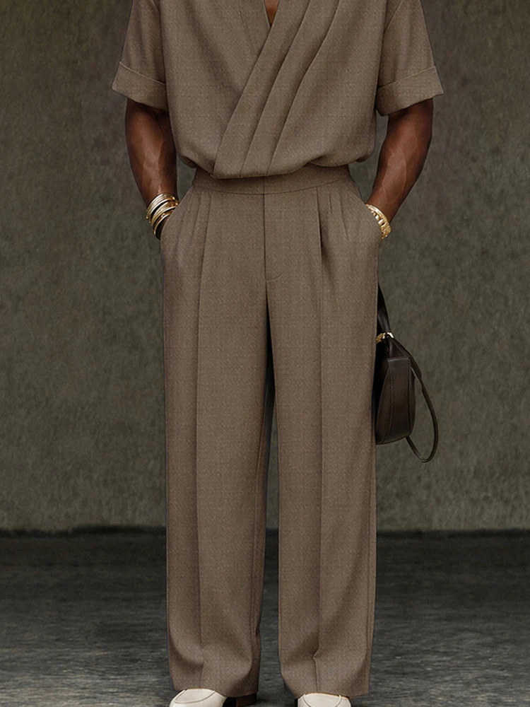 Contemporary Pleated Cross Placket Shirt Pants Set - Image 4