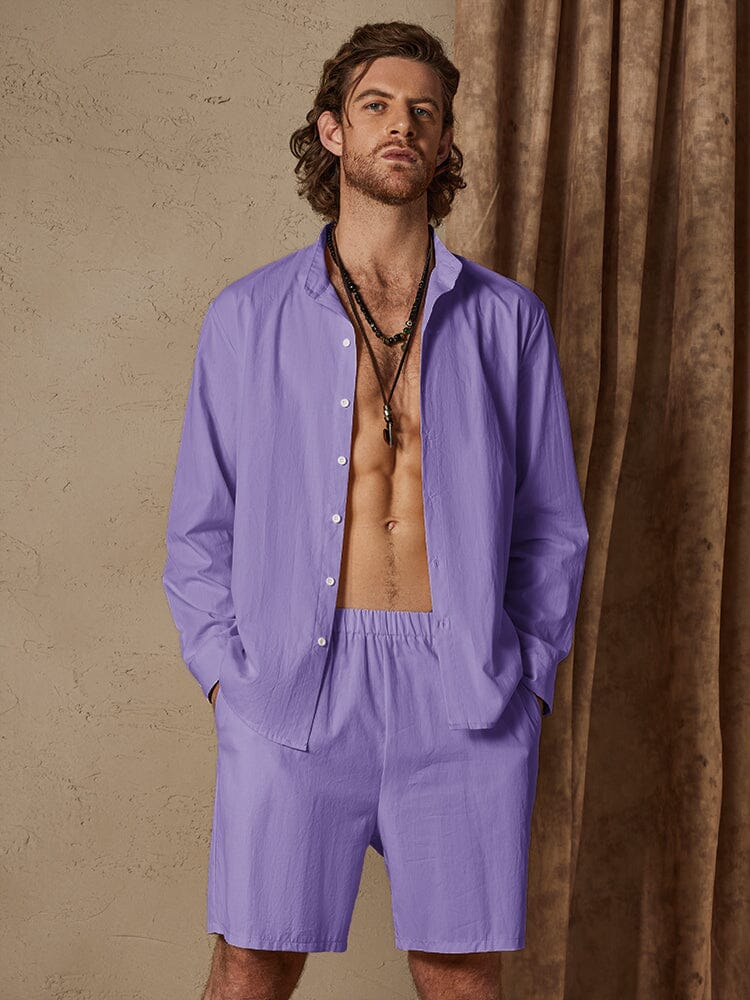 Casual Solid Color Cotton Linen Beach Shirt Set - Image 2