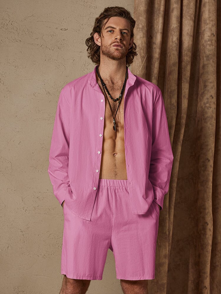 Casual Solid Color Cotton Linen Beach Shirt Set - Image 3